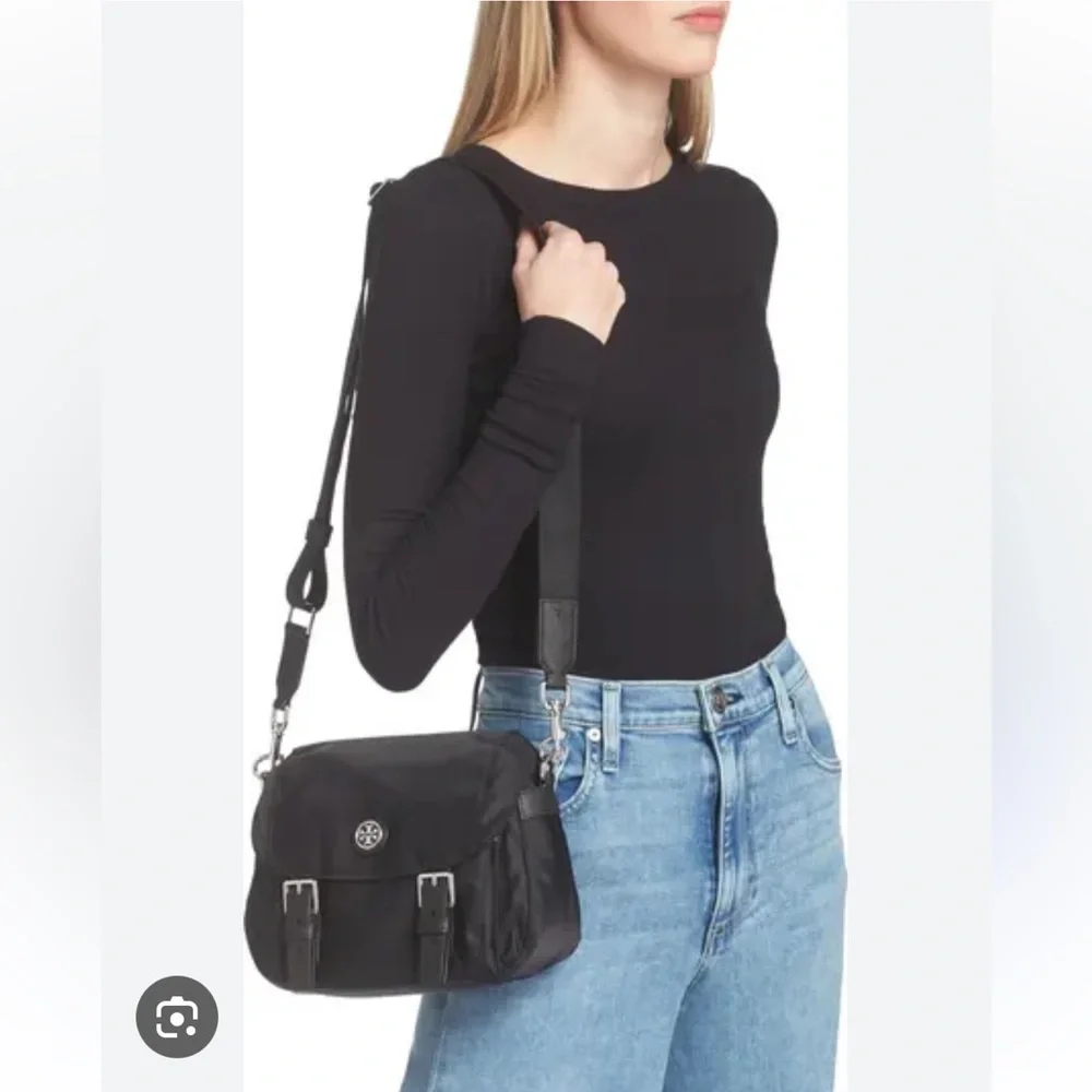 Tory Burch Black Nylon Crossbody Bag with Silver Hardware